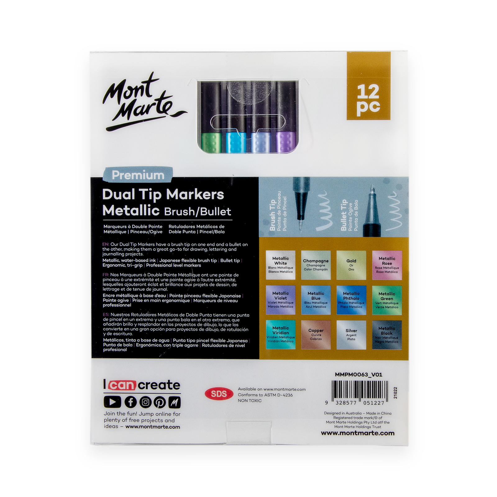 Mont Marte Fine Tip Markers Tri Grip in Case 12pce