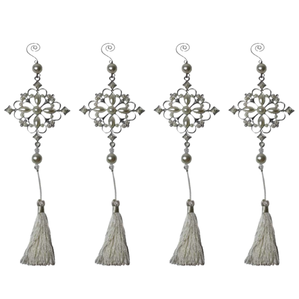 4x Wedding Tassels Set Hanging Cross Design Decoration Metal Silver W/ Pearls 30cm