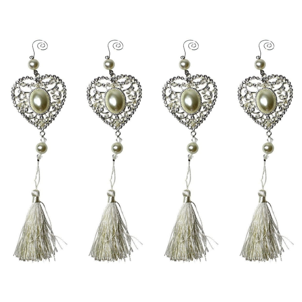 4x Wedding Tassels Set Hanging Heart Design Decoration Metal Silver W/ Pearls 30cm