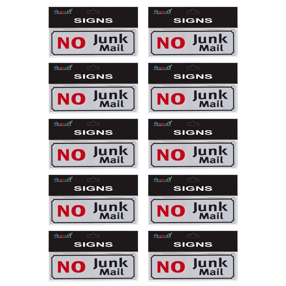10pce No Junk Mail 18cm Signs Set Brushed Steel Silver/Black/Red For Letterbox