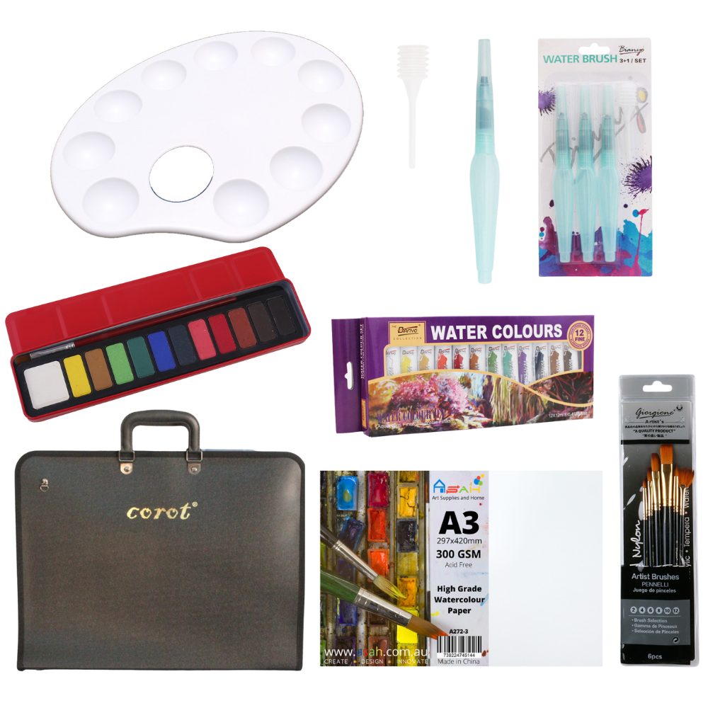A3 Portfolio   Watercolour Paper,  Cake & Tubes Paint, Brushes & Mixing Palette Painting Set