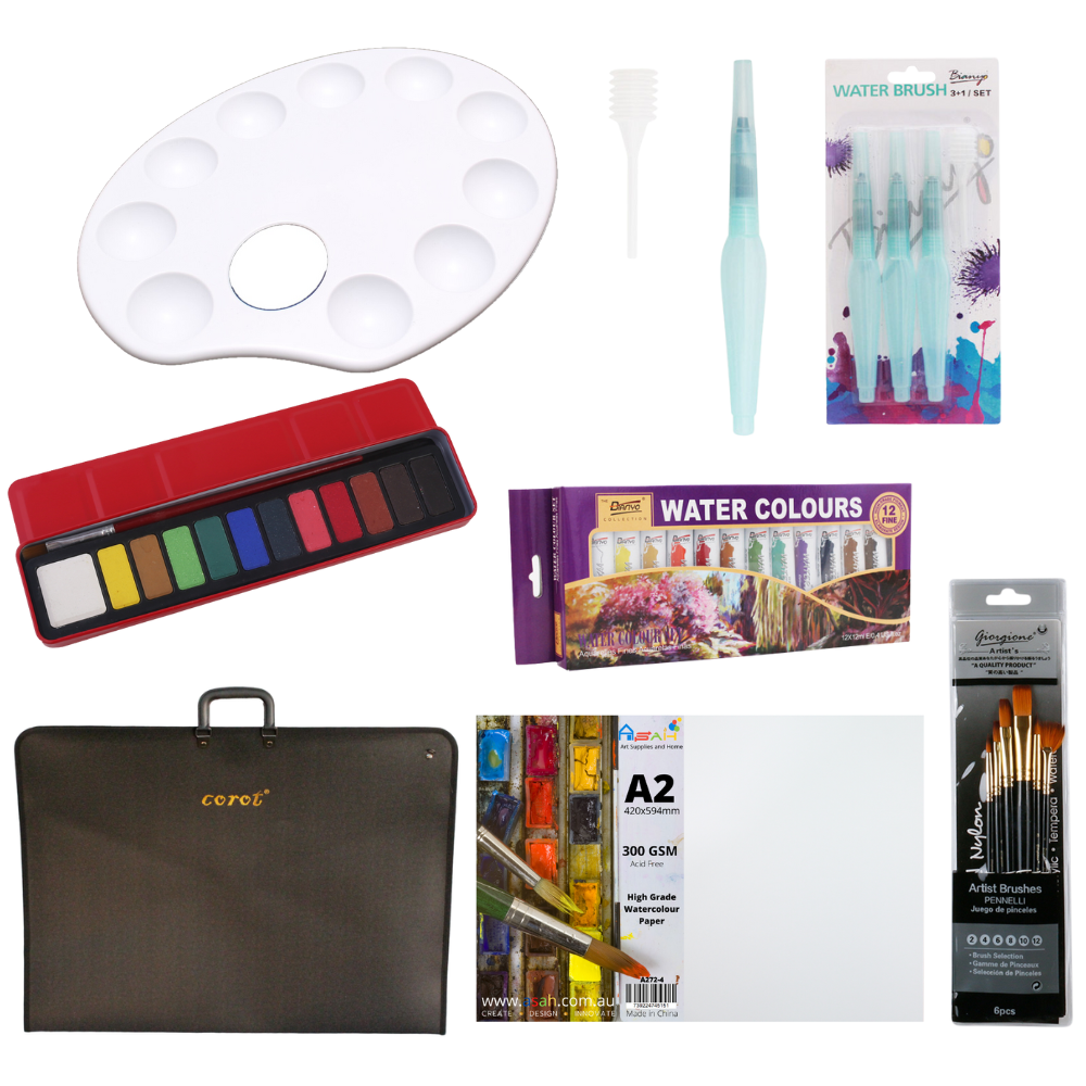 A2 Portfolio   Watercolour Paper,  Cake & Tubes Paint, Brushes & Mixing Palette Painting Set