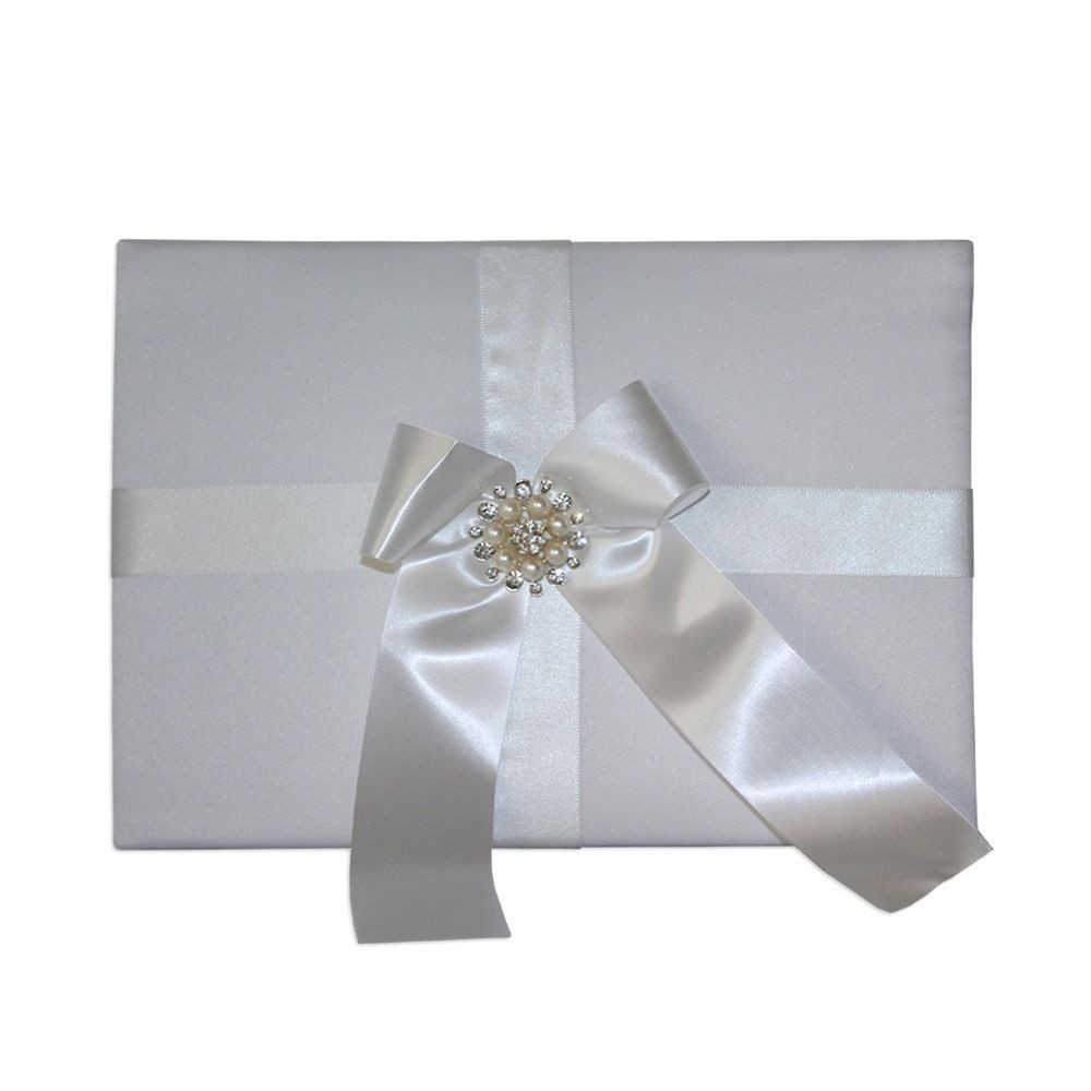 Wedding 78pg Guest Book White Satin And Ribbon Broach Ring Feature