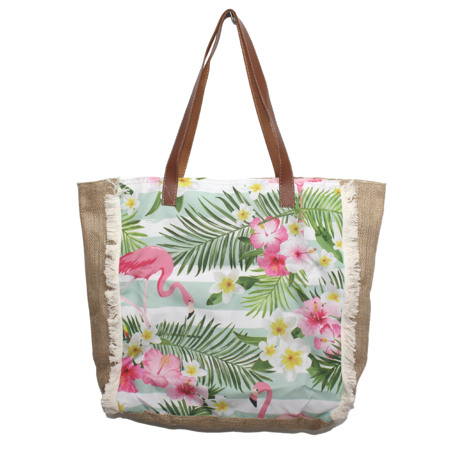 Flamingos Beach Shopping / Tote Bag Zip Up Tropical Print Hessian Free Clutch