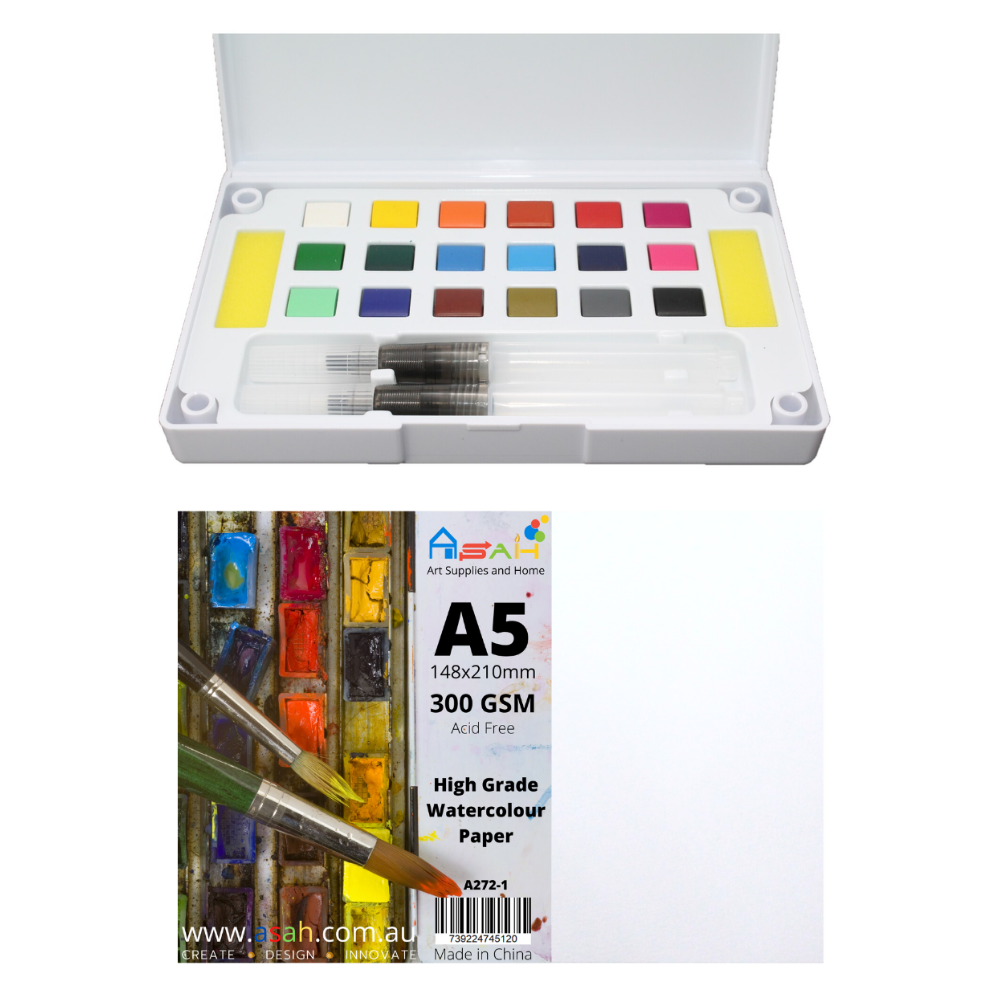 A5 Watercolour Paper 300gsm   Paint Pan Set With Palette & Brushes Pack