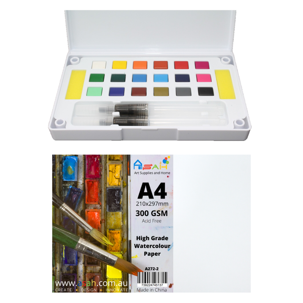 A4 Watercolour Paper 300gsm   Paint Pan Set With Palette & Brushes Pack