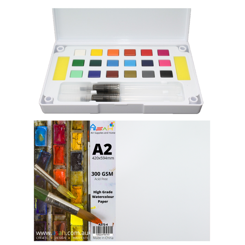 A2 Watercolour Paper 300gsm   Paint Pan Set With Palette & Brushes Pack