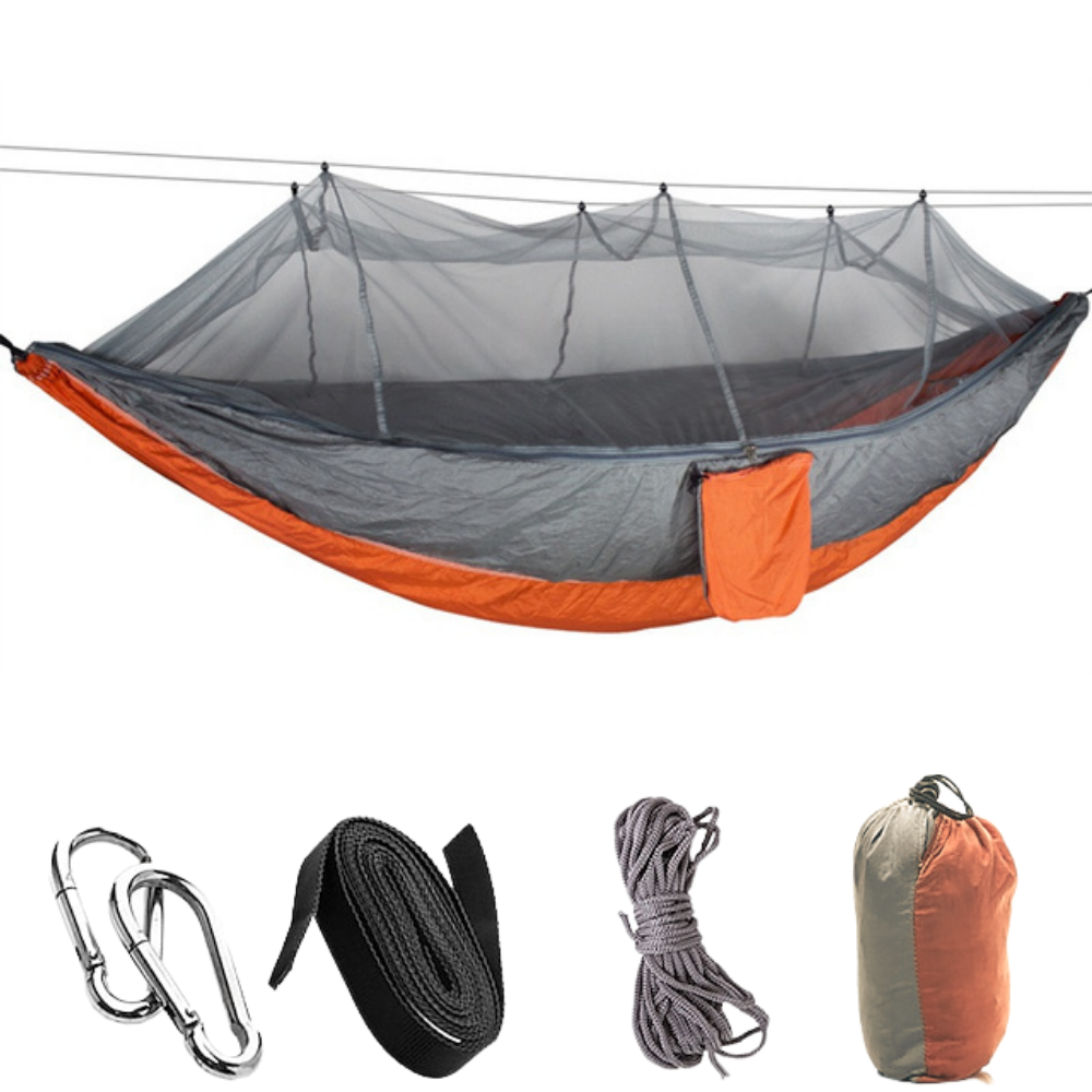 Hammock With Mosquito Net Protection Orange 260x140cm In Carry Bag   Tying Cord