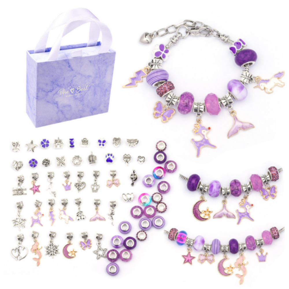 Jewellery Bracelet Making Kit Diy 63 Piece Purple Charms & Beads In Gift Box