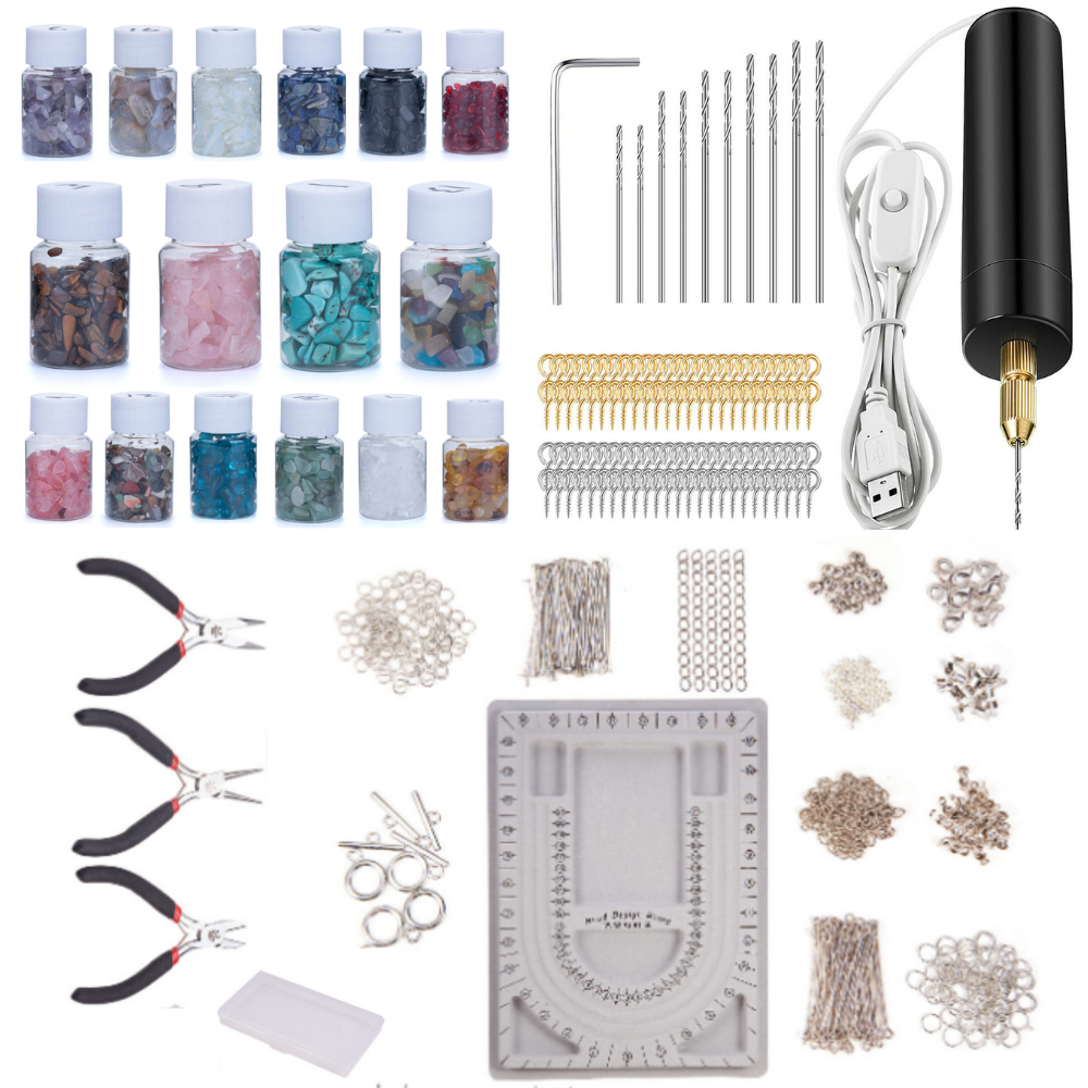 Jewellery Making Kit Crystal Chips, Drill Set Plus Silver, Gold, Grey & Bronze Hardware