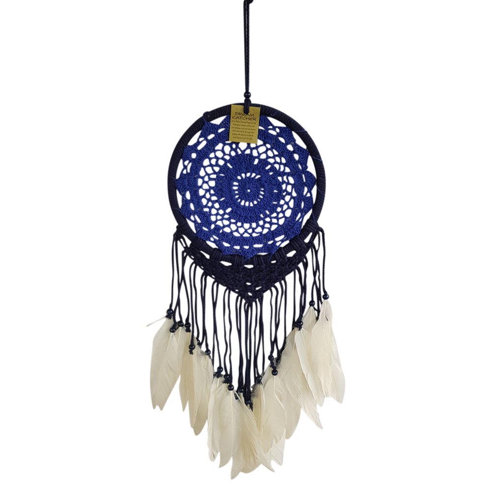 Dream Catcher 22cm Navy Blue With Doily Feathers Blue Colour & Beads