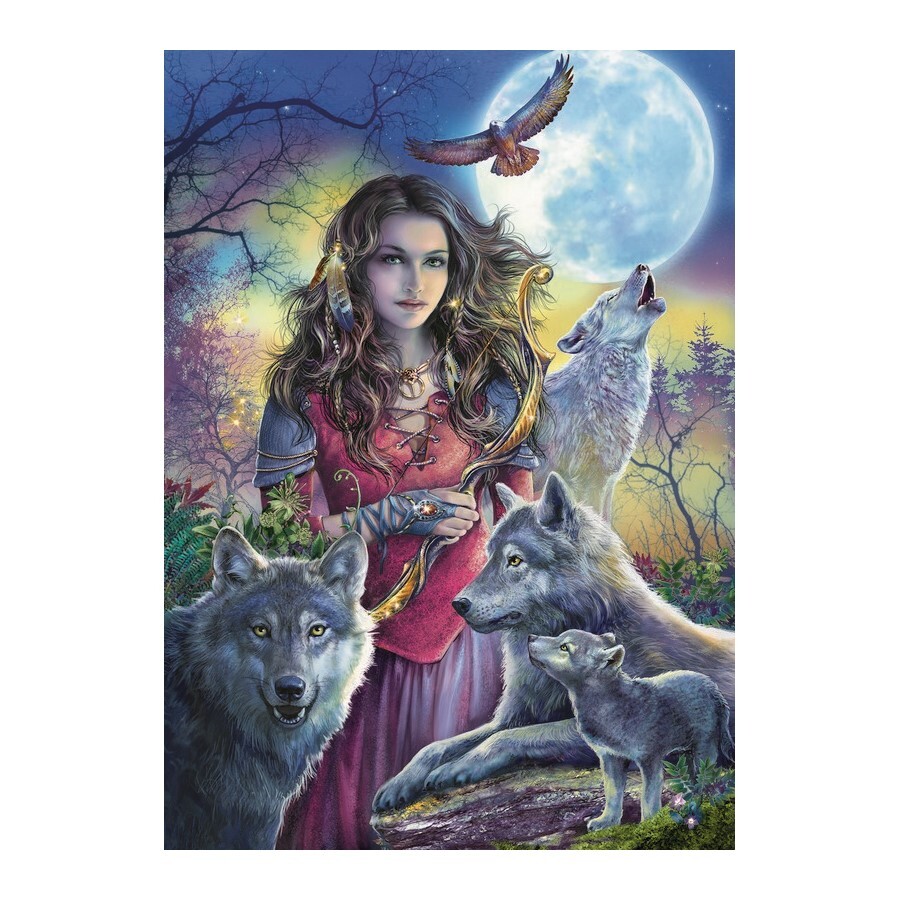 Girl With Wolves Full Moon - Paint By Numbers Canvas Art Work DIY 40cm X 50cm