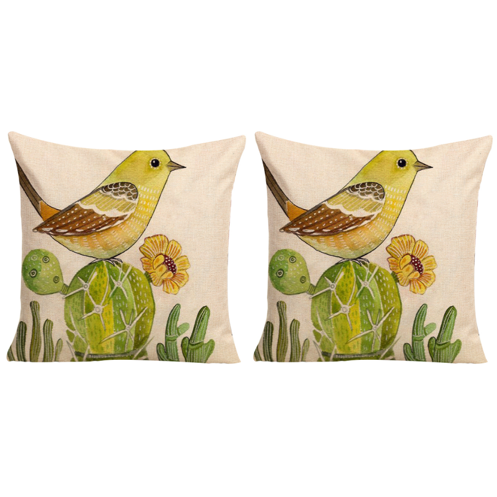 2x Bird On Cactus Cushions Insert Included 45cm Japanese Inspired Design