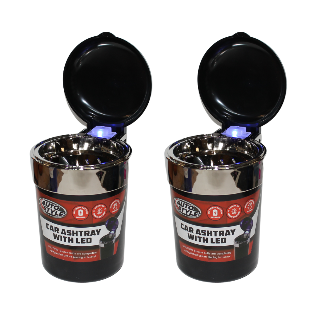 2x LED Lit Black Butt Bin Bucket/Ashtrays 11cm With Lid, Travel Accessory