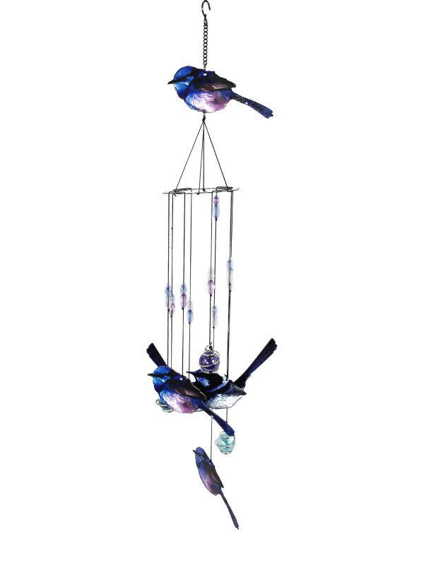 70cm Metal Blue Wren 5pce Bird Tail Down Wind Chime With Beautiful Tones