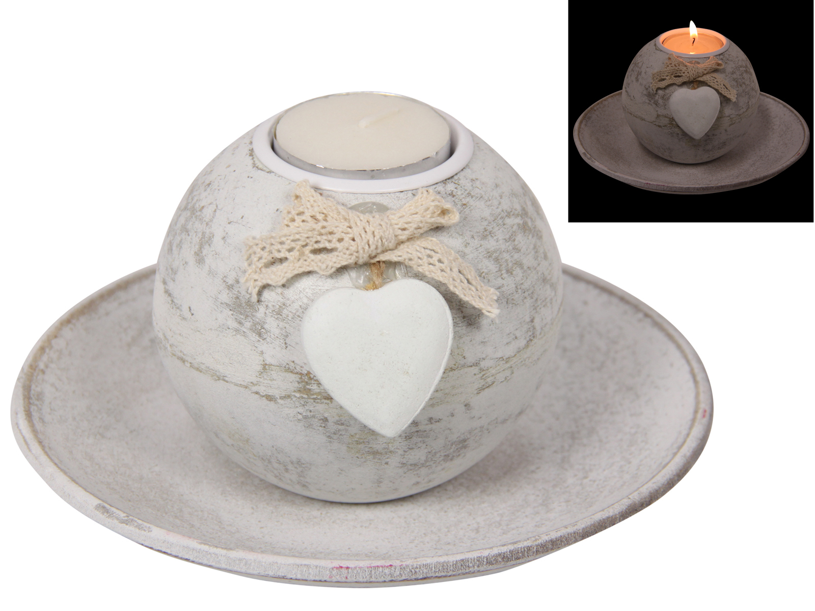 16cm White Wash Decor Candle Tealight Holder With Heart Motif