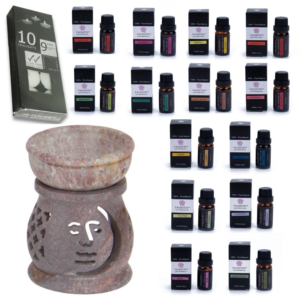 Oil Burner Set   14 Essential Oils Scents   Tealight Candles - Soapstone Style C