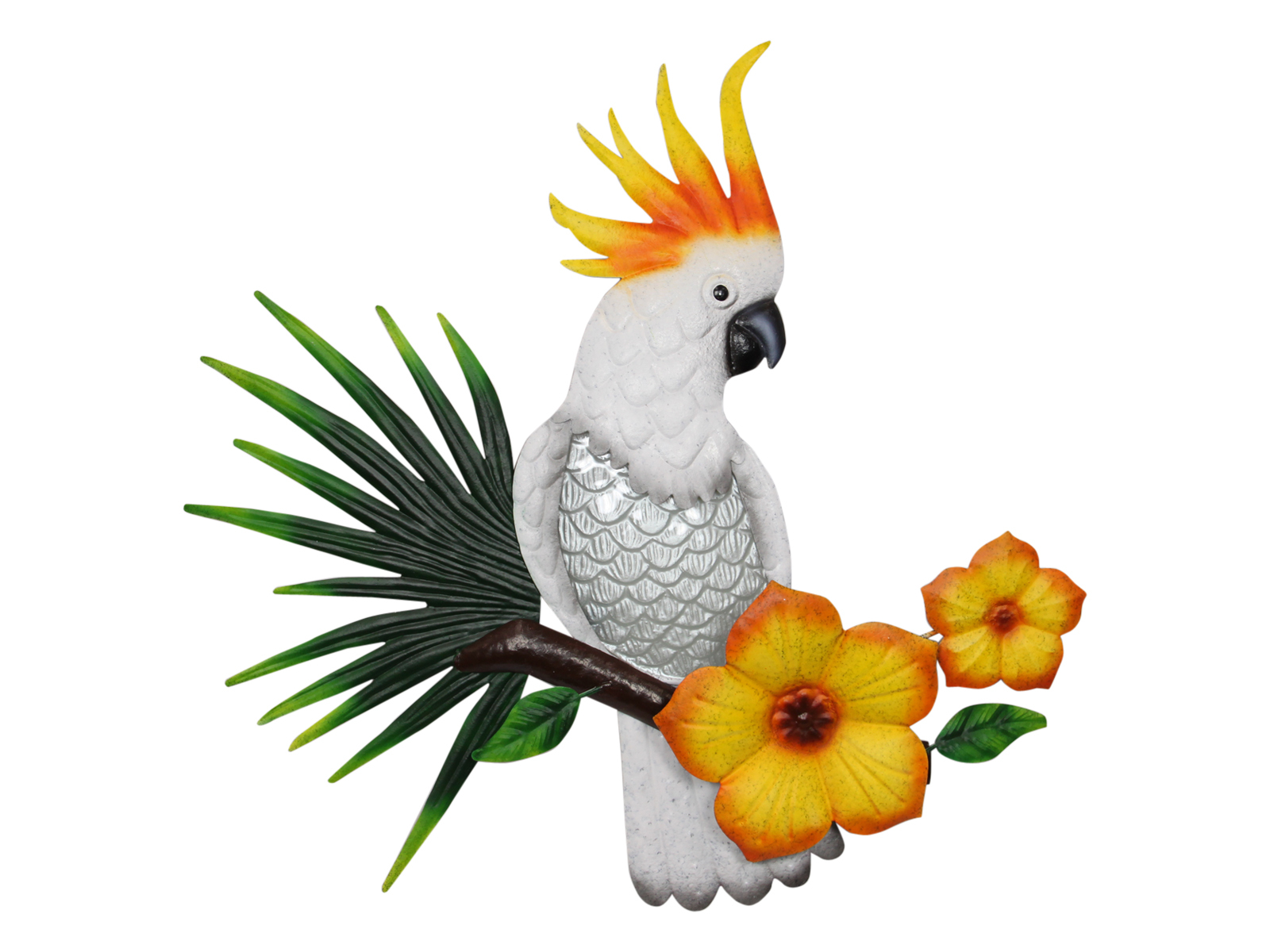 47cm White Cockatoo Bird Metal With Yellow Flowers Wall Art