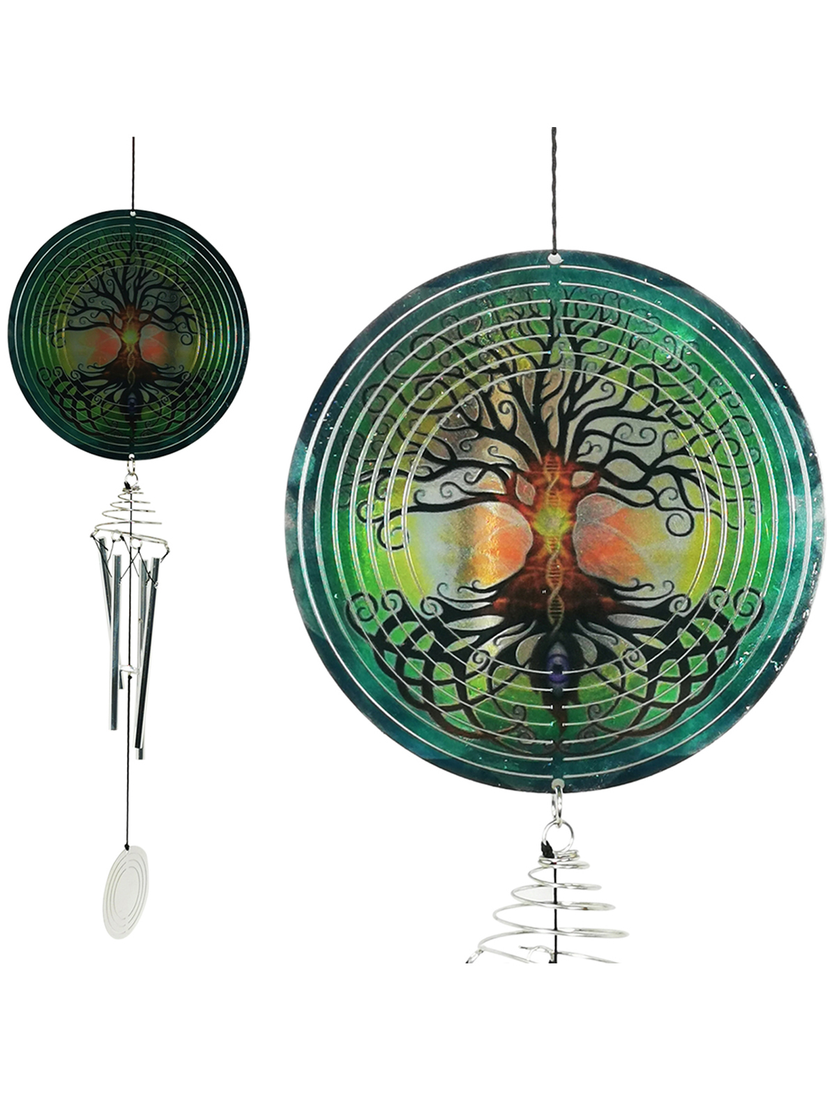 1pce Tree of Life Spinner Green /Silver Wind Chime Outdoor Beatiful