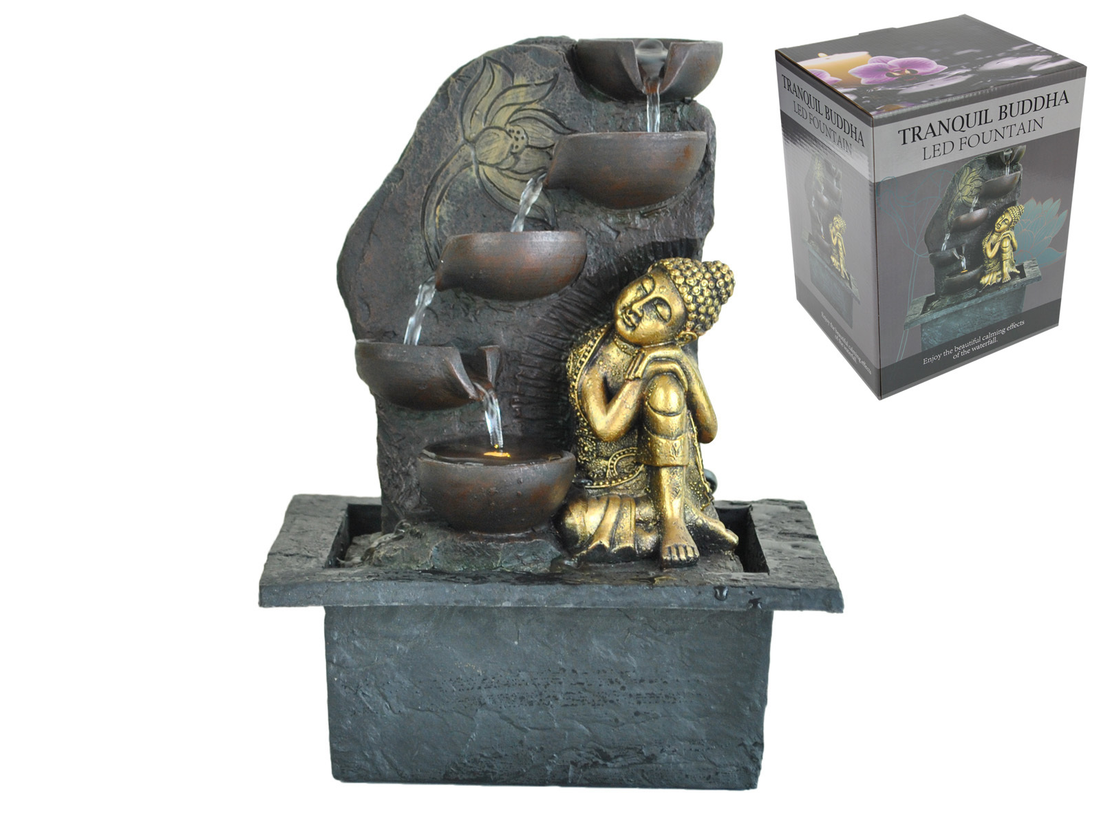 28cm Resting Gold Buddha Water Fountain Statue With Light, Indoor Or Outdoor