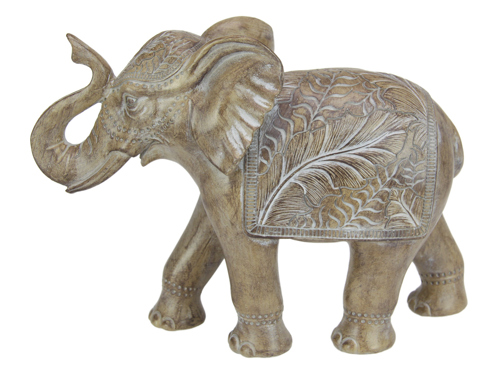 Elephant Ornament Trunk Up Brown Deco Engraved Features 25cm Resin 1 Piece   9319844650106 