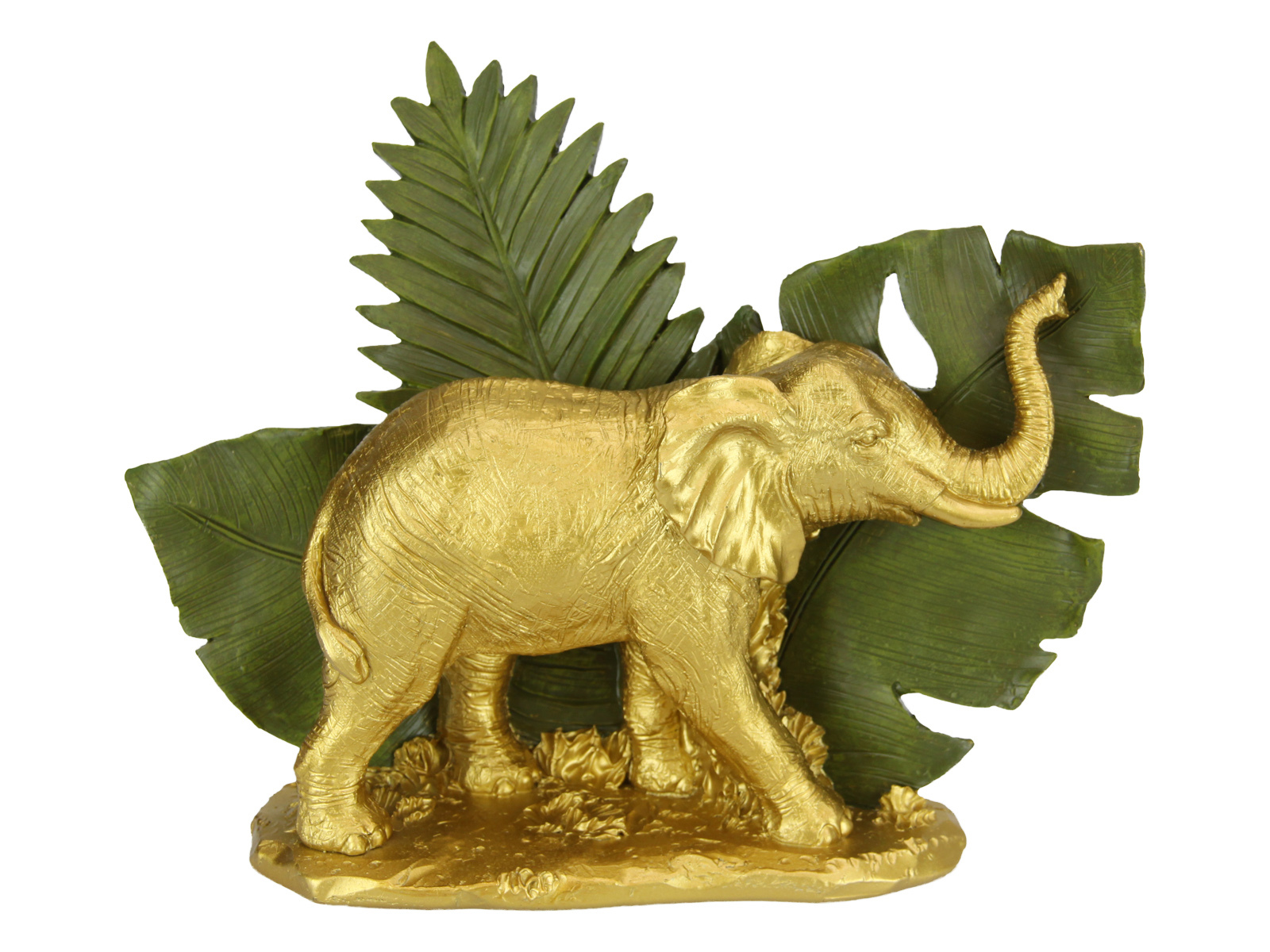 Gold Elephant Statue In Greenery Jungle Scene Ornate Ornament 23cm Resin 1pce