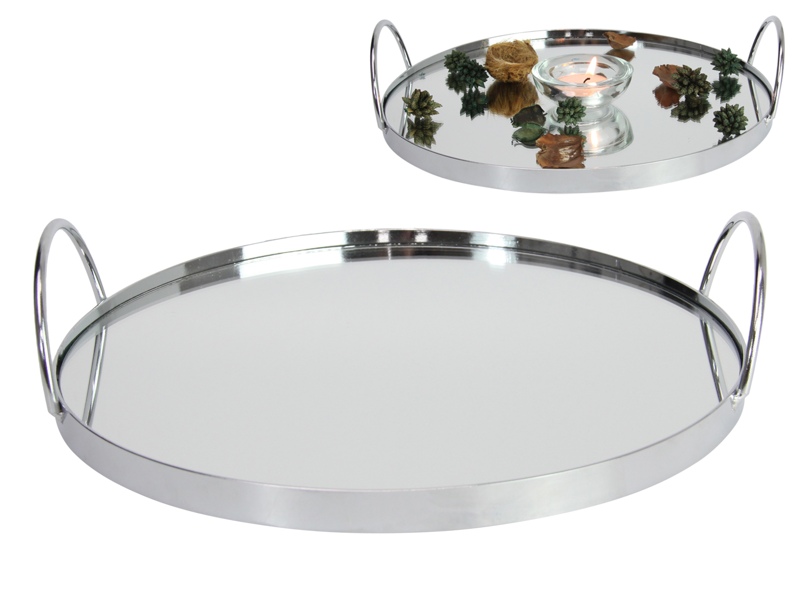 Mirror Tray With Handles Bar & Drink Serveware 25cm Round Metal Frame