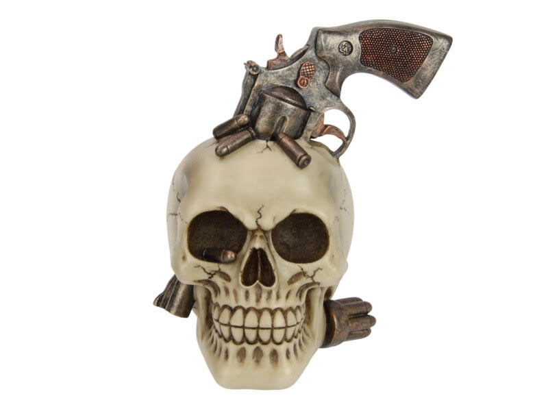 18cm Skull With Gun On Head Resin Decor Man Cave Ornament Gift