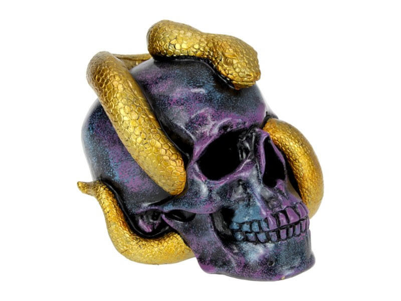 18cm Blue/Purple Skull With Gold Snake On Head Resin Decor Man Cave Ornament Gift