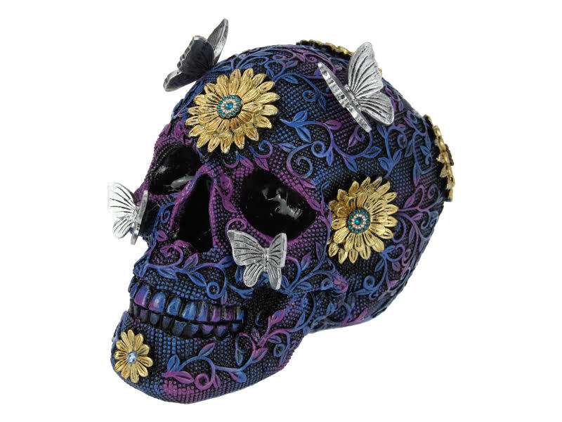 20cm Skull Metallic Butterfly Floral Design Resin Decor Man Cave Ornament Gift
