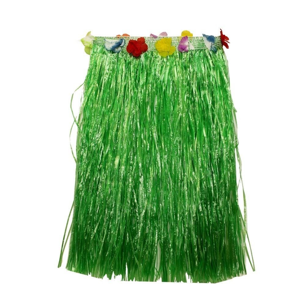 2 x 60cm Green Hawaiian Tropical Hula Grass Skirts with Flowers Theming