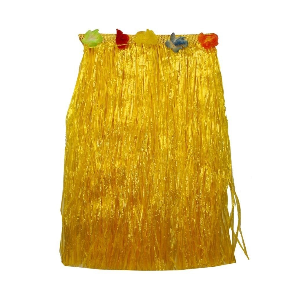 2x 60cm Yellow Hawaiian Tropical Hula Grass Skirts With Flowers Theming