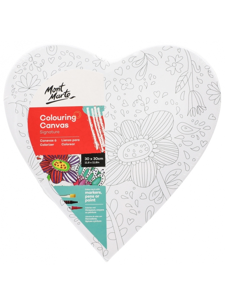Mont Marte Colouring In Canvas Bloom Flowers 30cm Stretched Frame Heart Shape