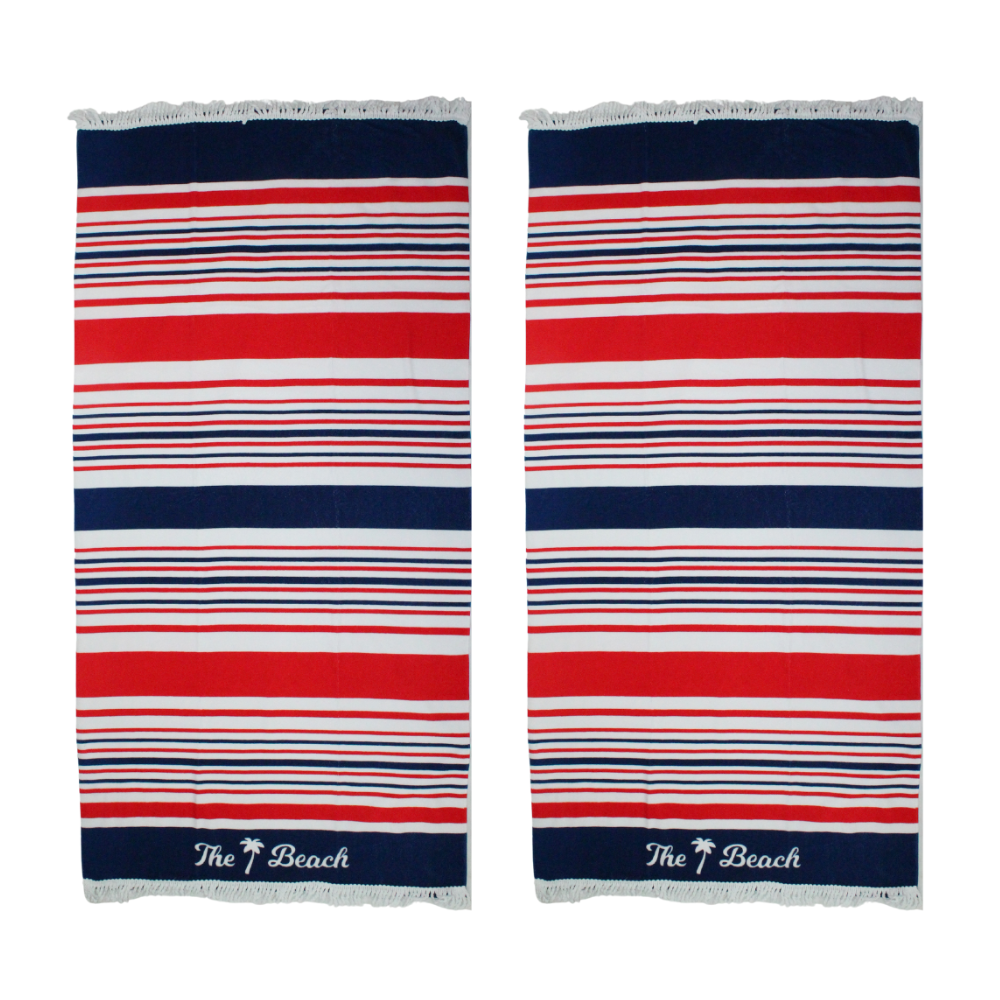2x Fringe Beach Towels The Beach Striped Red & Blue Cotton 85x170cm Summer Bundled Set