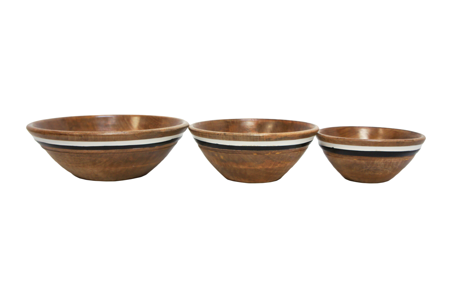 3pce Natural Wooden Bowls Set 30cm With Deco Stripe Great For Salads Food Keys & Trinkets