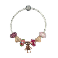 19cm Pink Mix Bracelet Set with Rose Gold, Colour Beads Snake Chain, Love Hearts