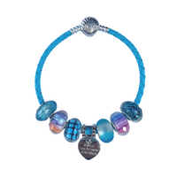 19cm Aqua Blue Bracelet Set with Charms & Colour Beads on Leather Braided Snake Chain