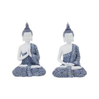 2pce Set 23cm Rulai Buddha in Blue/White Robe - Praying & Meditating Pose