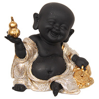 13cm Happy Holding Pear Buddha Monk Black & Gold Statue Home Decor