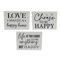 3pce Set 20x15cm Happy Themed MDF Plaques - Love, Happiness, and Life Quotes