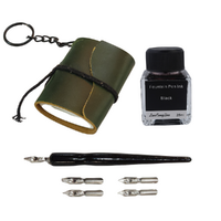 Key Ring Journal + Calligraphy Ink & Pen Set Green Mini Leather Bound Book 7.5cm