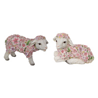 LAST ONE 2x Lambs Set Flower Decorated 25cm Polyresin Ornaments Very Cute