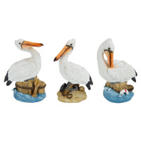 LAST ONE 3x Mini Pelicans Set on Stump 13cm Resin Beach Ornament Bundle