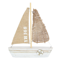 Boat Ornament Wooden 28cm with Rattan Look Hessian Sail Natural Colours Standing