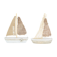 2pce Sail Boats Set Ornament Wooden 28cm Rattan Look Natural Colours Standing