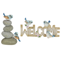 Blue Birds Ornaments Welcome Plaque & Cairn Rock Statue Standing 2pce