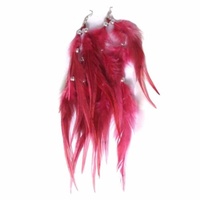 Pair of Red 20cm Feather Earrings with Silver Beads, Costume Accessory