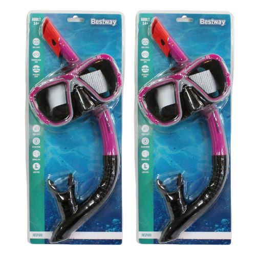 2x Snorkel & Mask Pike Sets Pink Adult UV Protection, Clip & Valve