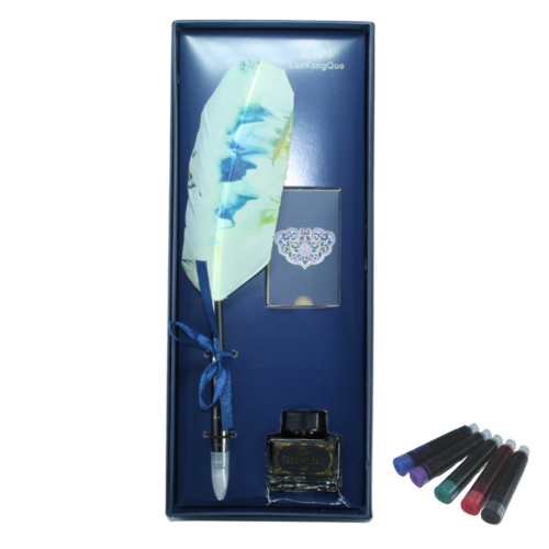 Calligraphy Pen Set Ink, Pen, & Holder 25cm Blue Feather Cartridge Gift A