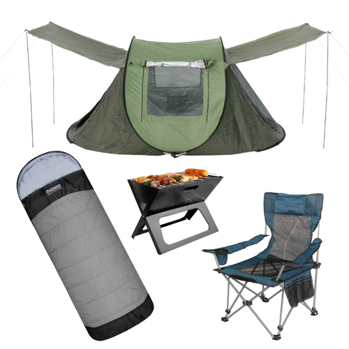 Camping Setup Tent, Chair, Fire Pit, Sleeping Bag & Pillows Bundle 3 for Outdoors